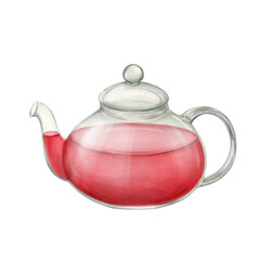 Hibiscus tea in glass teapot watercolor illustration isolated.