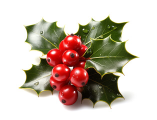 holly leaves with red berries on a white background.