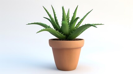 A vibrant green aloe vera plant in a terracotta pot, isolated on a white background.