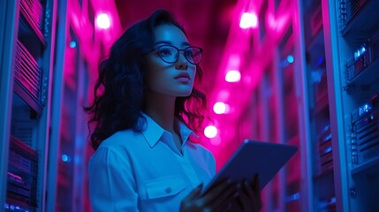 Obraz premium Data center exploration woman with tablet neon lighting tech environment
