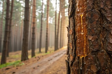 Obraz premium Pine resin cascades down a vertical trunk, resin flow, liquid flow, trunk texture, forest atmosphere, pine tree