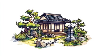 Fototapeta premium A serene Japanese garden featuring a traditional house, stone lantern, and lush greenery.
