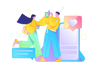 Virtual characters social communication concept business flat vector hand drawn illustration
