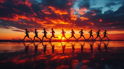 Sunset running action at beach outdoor sports photography