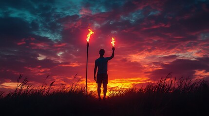 Fototapeta premium Man holding torch at sunset beach outdoor photography dramatic view