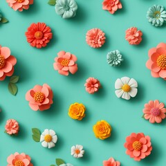 Fototapeta premium Colorful Paper Flowers Teal Background Pattern