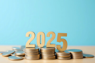 Gold wooden number year 2025 on top stack of coins with sky blue background and copy space. saving money and financial plan concept for investment in new year 2025.