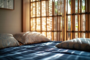 Obraz premium Warm sunlight bathing Japanese futon in serene bedroom