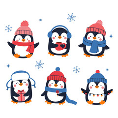 Set of cute penguins in winter clothes. Vector graphics.