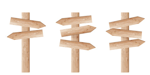 Set of wooden pole direction sign for travel. Vector watercolor illustration of signpost. Copy space.