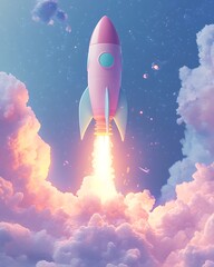 Immersive Digital Artistry, Colorful Rocket Launch in a Dreamy Sky
