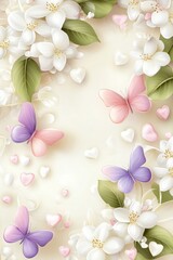 Obraz premium Romantic Spring Floral Background with Butterflies and Hearts