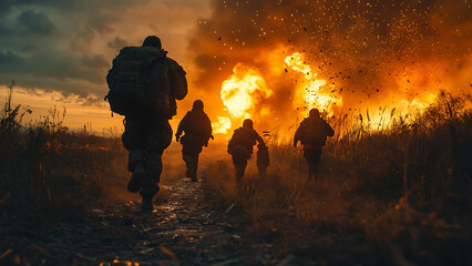 Fototapeta premium Silhouettes of soldiers walking through the fields, a large orange explosion in front of them.