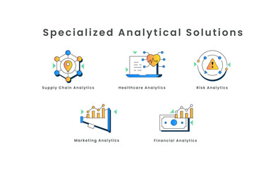 Specialized Analytical Solutions: A Visual Guide to Key Areas. Specialized analytics, supply chain analytics, healthcare analytics, risk analytics, marketing analytics.
