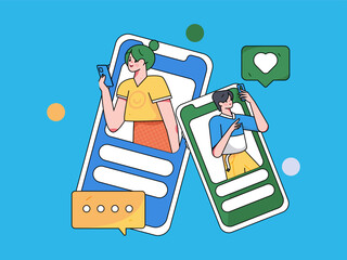 Virtual characters social communication concept business flat vector hand drawn illustration
