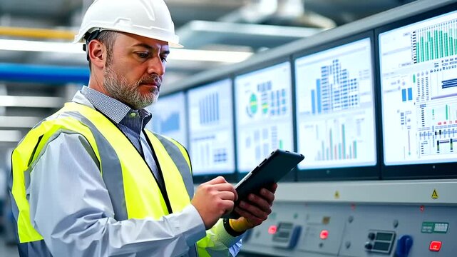 Male Engineer Analyzing Data in Control Room with SCADA Monitors