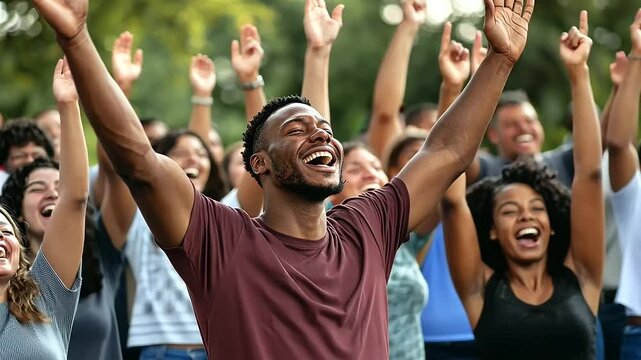 Volunteers celebrating a cause with joyful enthusiasm