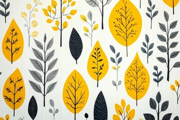 Stylized Leaf Pattern in Yellow Grey and Black on White Background for Wallpaper and Fabric