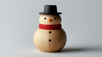 Wooden snowman ornament with a red scarf and black hat, standing on a clean white background, ideal for Christmas decoration and holiday themes.