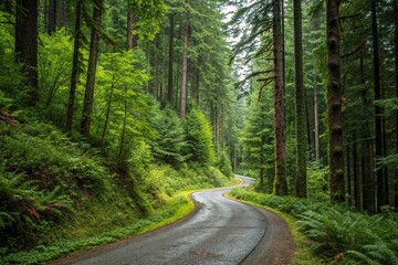 Obraz premium A single lane forest road surrounded by dense foliage and towering trees, tall trees, forest road, woodland surroundings