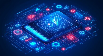 Futuristic Laptop Data Analysis with Colorful Streams and Tech Icons Illustration