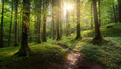 Obraz premium Lush Green Forest with Dramatic Sunlight Filtering Through Dense Canopy