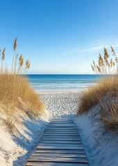 Pathway to the Sandy Beach at the Ocean with Golden Grasses and Calm Sea under Clear Blue Sky