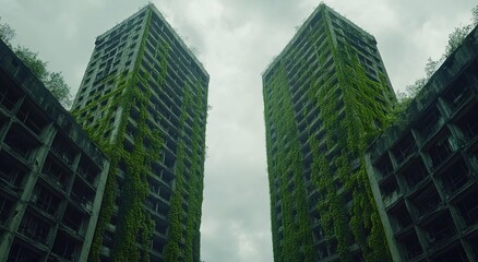 Fototapeta premium An apocalyptic movie still of two tall apartment buildings covered in moss and plants