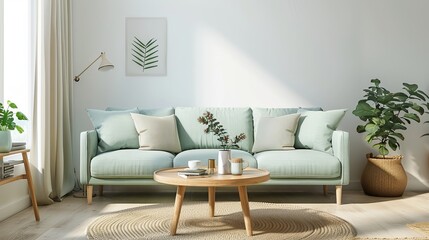 Modern living room with a mint green sofa and natural elements.