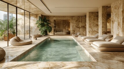 Luxurious indoor pool area with elegant decor and natural light.