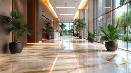 Obraz premium Luxury Modern Hotel Lobby with Polished Marble Floors Wooden Accents and Green Plants