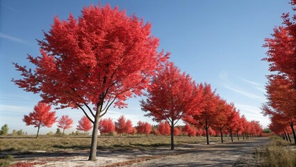 Trees covered in bright red leaves against a clear blue sky, autumn landscape, colorful leaves, autumn colors