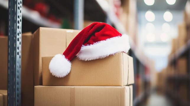 A Santa hat resting on a stack of cardboard boxes. Shipping industry,E-commerce, retail,Christmas delivery, holiday season, gift shipping, winter logistics, global delivery