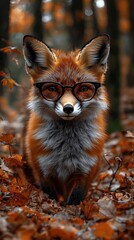 Fototapeta premium Stylish Fox Wearing Trendy Glasses in Autumn Forest Landscape