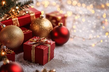 Festive Christmas gifts and golden baubles with bokeh lights