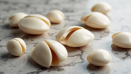 Glossy cowrie shells delicately arranged on a marble surface, with soft lighting highlighting their elegant curves and natural details.