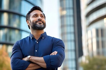 Confident Indian Businessman in Modern City Envisioning Future Success and Leadership Goals