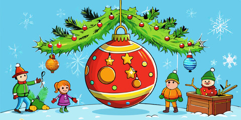 Naklejka premium Massive festive ornament with characters decorating and admiring its shine hanging from large branch in holiday setting. Festive decoration shining under light blue and white background.