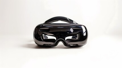 A virtual reality headset resting on a white background.