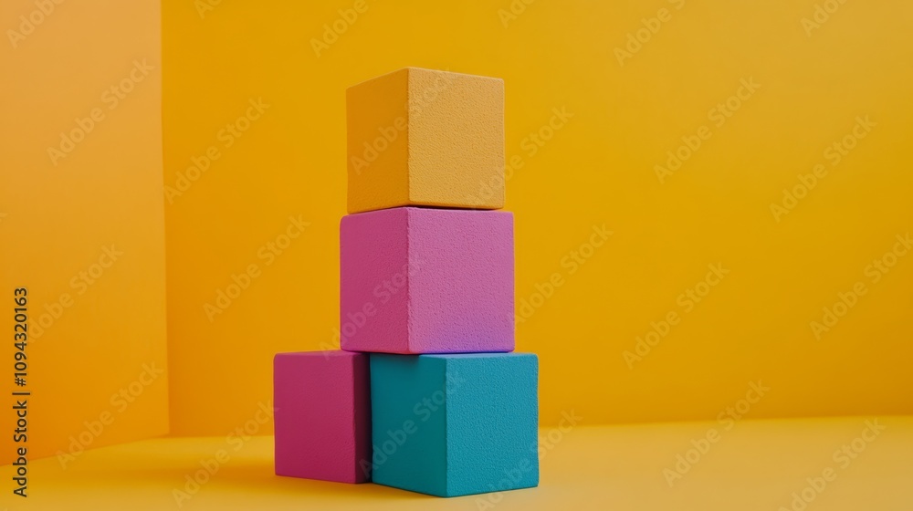 Poster stack of colorful blocks on a yellow background. the blocks are arranged in a pyramid shape, with th