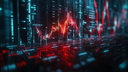 Fototapeta premium Abstract digital stock market chart with red and blue lines showing financial data fluctuations.