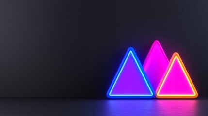 Black background with three neon colored triangles. The triangles are pink, orange and blue. The image is abstract and has a futuristic feel to it