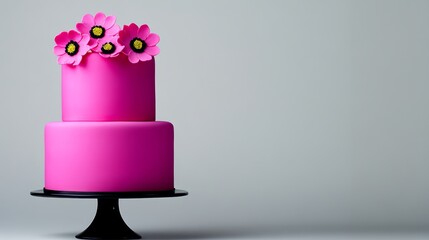 Pink cake with two layers and pink flowers on top. The cake is decorated with pink frosting and has a floral design. The cake is placed on a table and looks very elegant and beautiful