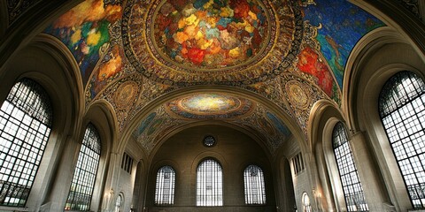 Fototapeta premium A grand interior featuring a beautifully painted ceiling and large windows.