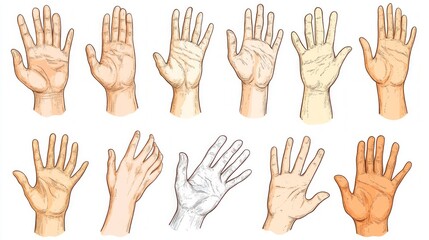 Obraz premium Collection of diverse hands in various poses and skin tones, drawn in a detailed sketch style.