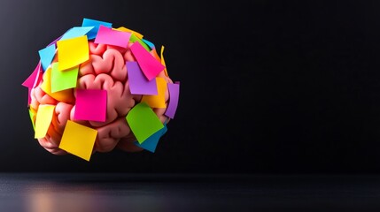 Brain with colorful sticky notes on it. The brain is floating in the air and the notes are scattered all over it. The brain is a symbol of intelligence and the notes represent ideas and thoughts