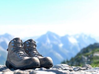 Worn Hiking Boots Rocky Terrain Mountain Landscape Nature Outdoor Adventure Close-Up Exploration Concept