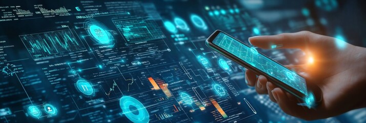 Futuristic Hand with Smartphone in Front of Data Visualization Interface for Agile Business Management