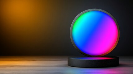 Colorful sphere sits on a pedestal in a dimly lit room. The sphere is surrounded by a dark background, which creates a sense of mystery and intrigue