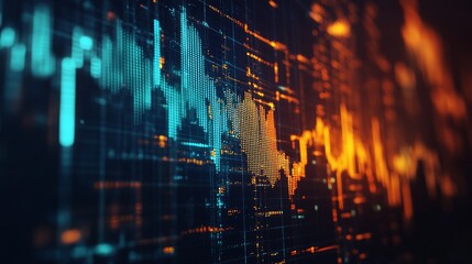 Obraz premium Abstract financial data visualization with blue and orange lines on a dark background.